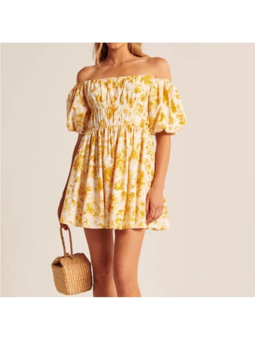 Abercrombie Floral off-The-Shoulder Puff Sleeve Mini Dress Yellow Small